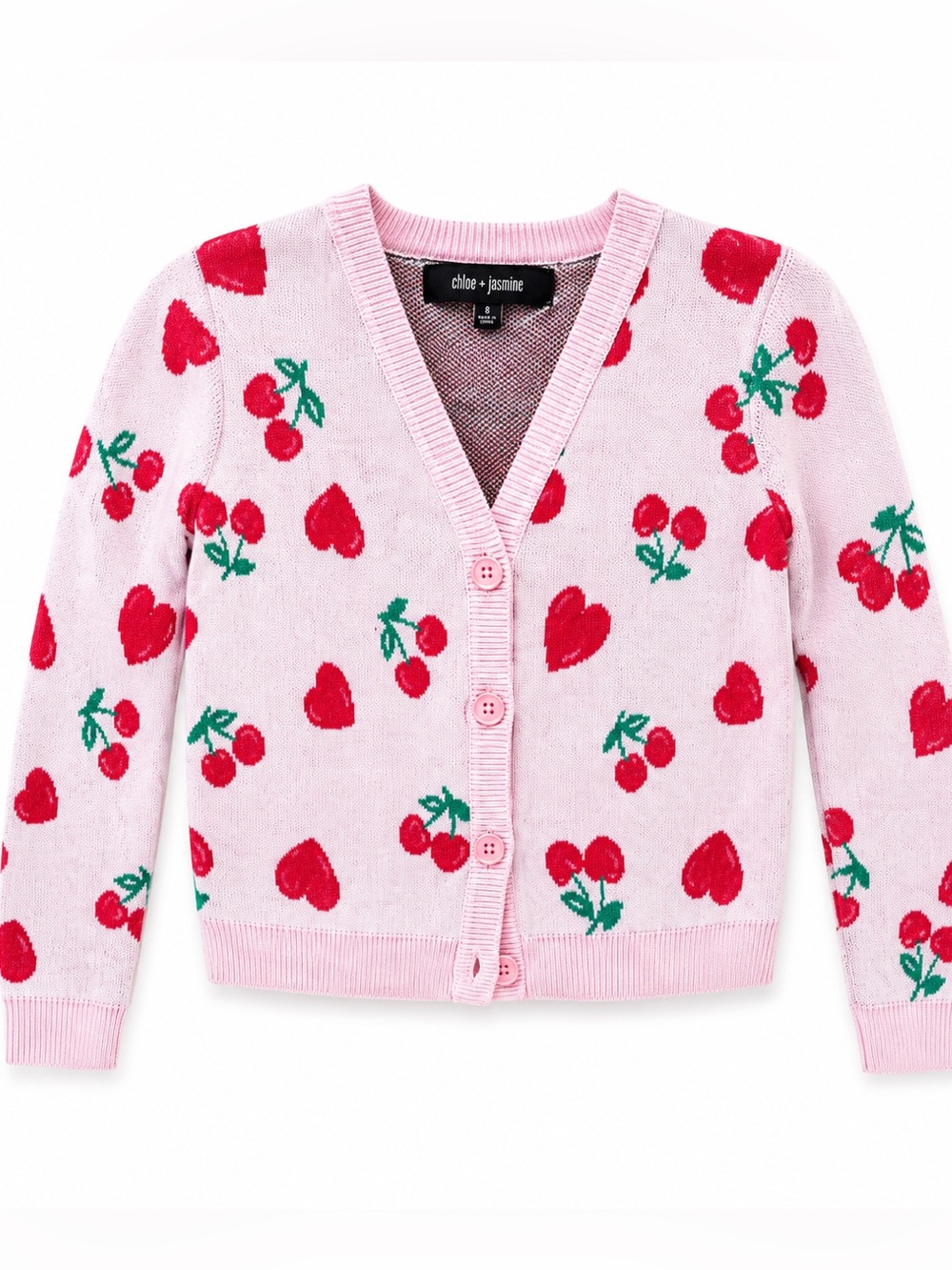 Girls Cherry Heart Cardigan – Size 8 | 100% Cotton | Pink